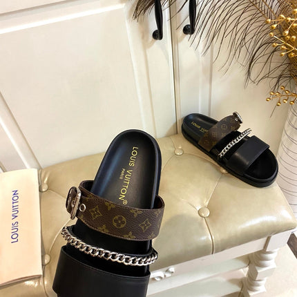 LV 26S STRAP SLIDES IN DARK BROWN CALFSKIN AND CANVAS