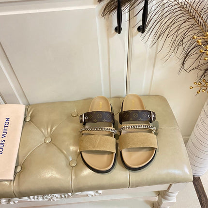 LV 26S STRAP SLIDES IN BROWN SUEDE AND CANVAS