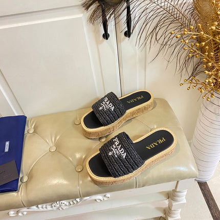 PRADA 26S SLIDE SANDALS CORK SOLE IN BLACK LOGO RAFFIA
