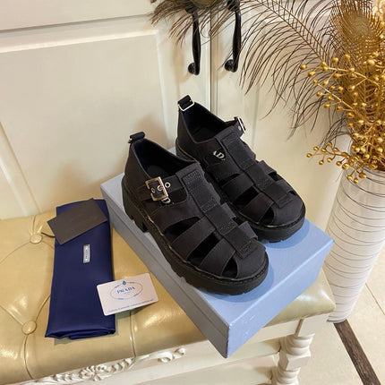 PRADA 26S BUCKLE FISHERMAN SANDALS CHUNKY SOLE IN BLACK CANVAS