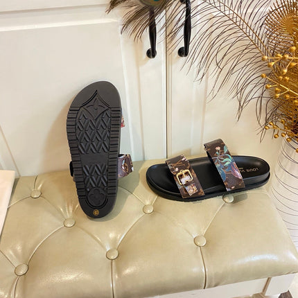 LV 26S TWO-STRAP SANDALS IN DARK BROWN MONOGRAM CANVAS WITH FLORAL PRINT