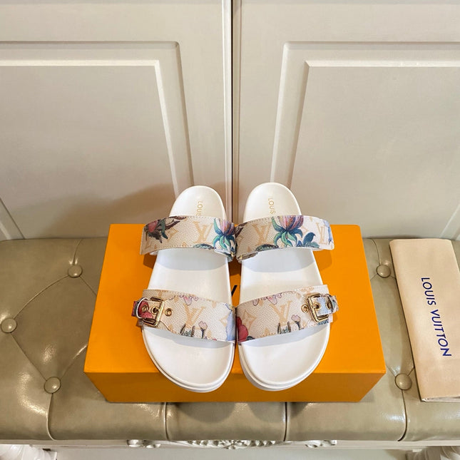LV 26S TWO-STRAP SANDALS IN MULTICOLOR MONOGRAM CANVAS WITH FLORAL PRINT