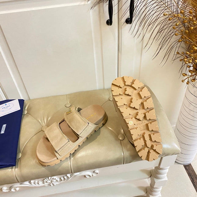 PRADA 26S DOUBLE STRAP SANDALS CHUNKY SOLE IN BEIGE SUEDE WITH LOGO