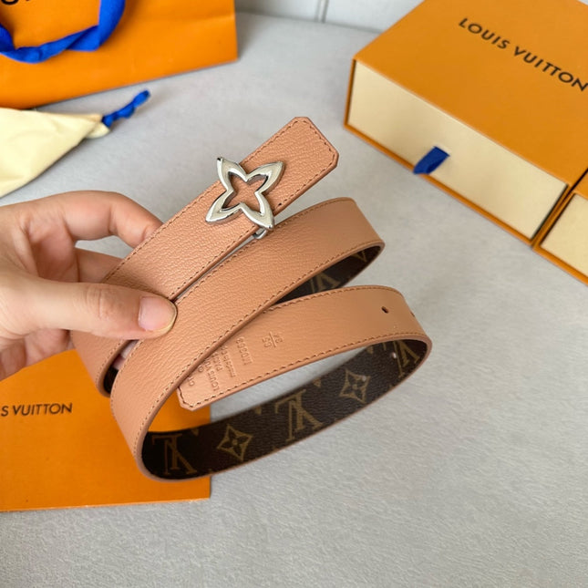 LV  MINI FLOWERGRAM 30MM REVERSIBLE BELT IN BUFF BROWN CALFSKIN SILVER HARDWARE