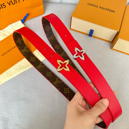 LV Flowergram 30mm Reversible Belt Silver Buckle Red Brown Leather