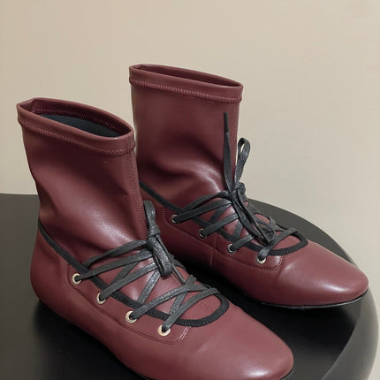 ALO 25S PALOMA WOOL FLAT ANKLE BOOTS IN DEEP RED LAMBSKIN