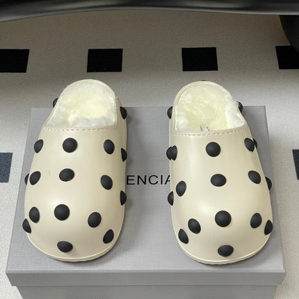 BALENCIAGA 25S FUR-LINED MULES IN WHITE FAUX LEATHER