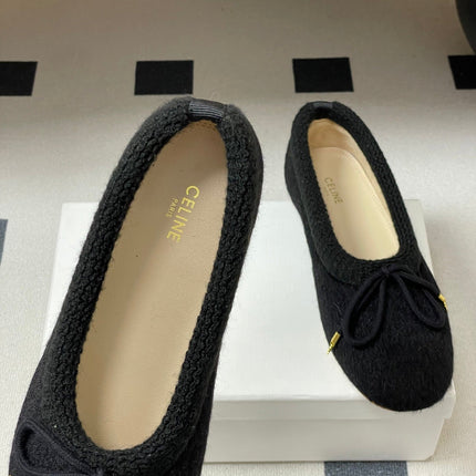 CELINE 26S BALLET FLATS IN BLACK WOOL WITH BOW