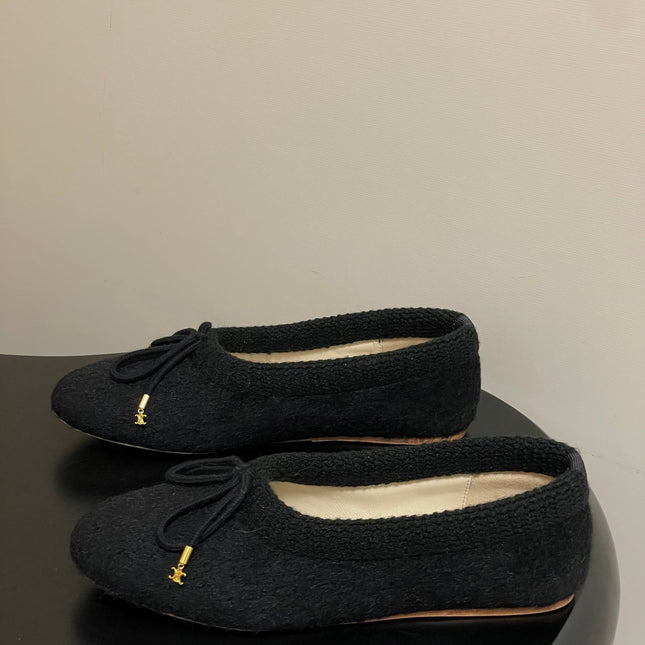 CELINE 26S BALLET FLATS IN BLACK WOOL WITH BOW