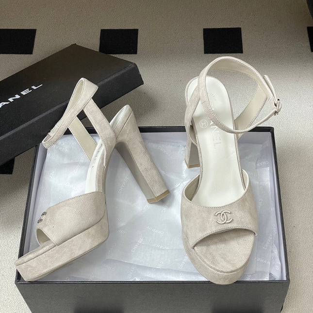 CHANEL 26S HIGH HEEL SANDALS 120 MM IN CREAM BEIGE SUEDE