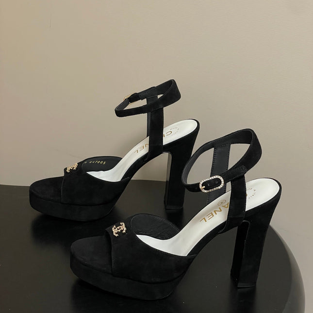 CHANEL 26S HIGH HEEL SANDALS 120 MM IN BLACK SUEDE