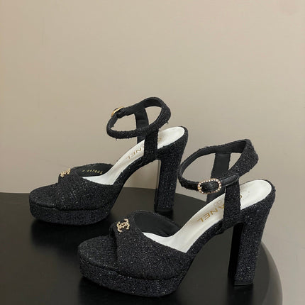 CHANEL 26S HIGH HEEL SANDALS 120 MM IN BLACK TWEED