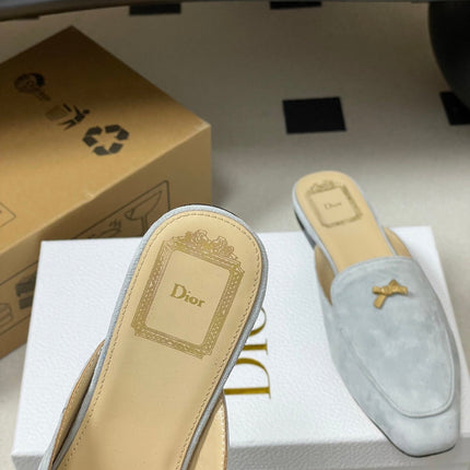 DIOR 26S MULES IN LIGHT BLUE GRAY SUEDE WITH BOW