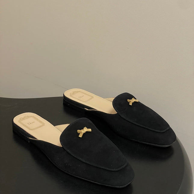DIOR 26S MULES IN BLACK SUEDE WITH BOW