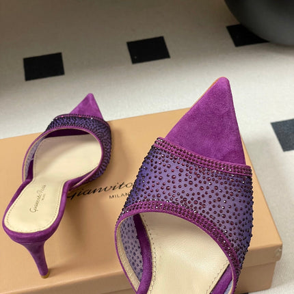 GIANVITO ROSSI 26S HIGH HEELS 85 MM IN PURPLE SUEDE WITH RHINESTONE STRAP