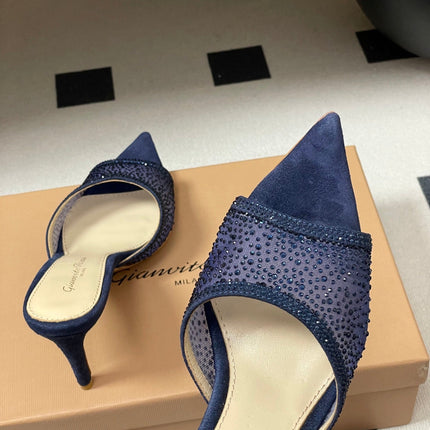 GIANVITO ROSSI 26S HIGH HEELS 85 MM IN NAVY BLUE SUEDE WITH RHINESTONE STRAP