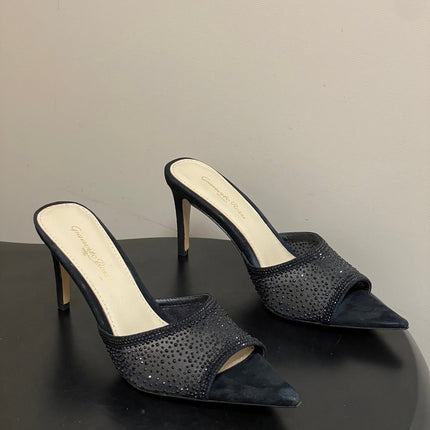 GIANVITO ROSSI 26S HIGH HEELS 85 MM IN BLACK SUEDE WITH RHINESTONE STRAP