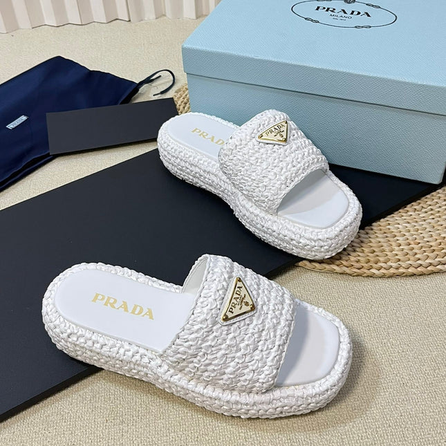 PRA CROCHET FLATFORM SLIDES WHITE RAFFIA