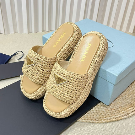 PRA CROCHET FLATFORM SLIDES BEIGE RAFFIA