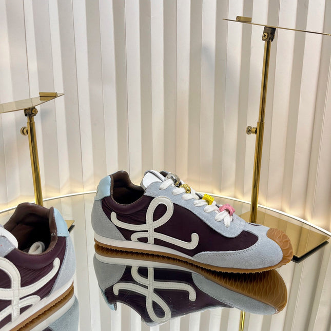 LOEWE 26S RUNNER 2.0 SNEAKERS IN LIGHT BLUE SUEDE AND BROWN FABRIC