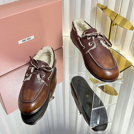 MIUMIU 26S FUR BOAT SHOES IN BROWN CALFSKIN