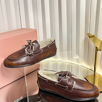 MIUMIU 26S FUR BOAT SHOES IN BROWN CALFSKIN