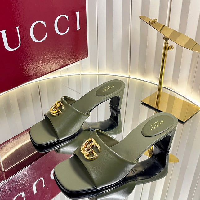 GUCCI 26S HIGH-HEELED SANDALS 45 MM IN MOSS GREEN CALFSKIN