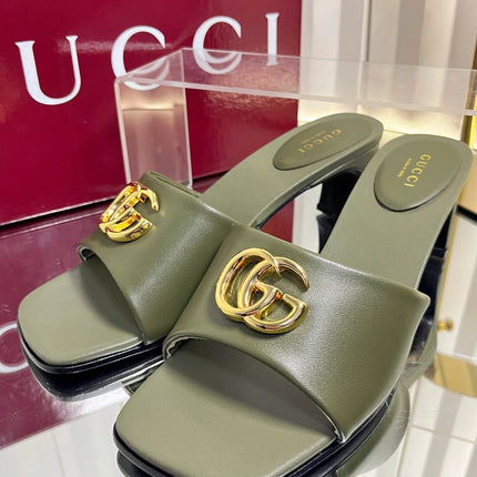 GUCCI 26S HIGH-HEELED SANDALS 45 MM IN MOSS GREEN CALFSKIN