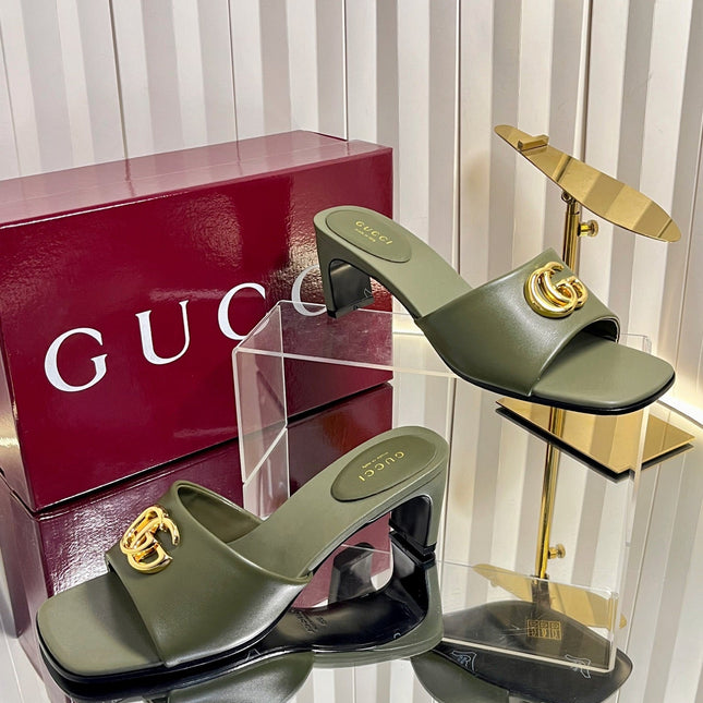 GUCCI 26S HIGH-HEELED SANDALS 45 MM IN MOSS GREEN CALFSKIN