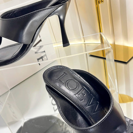 LOEWE 26S HEELED THONG SANDALS 90 MM IN BLACK CALFSKIN