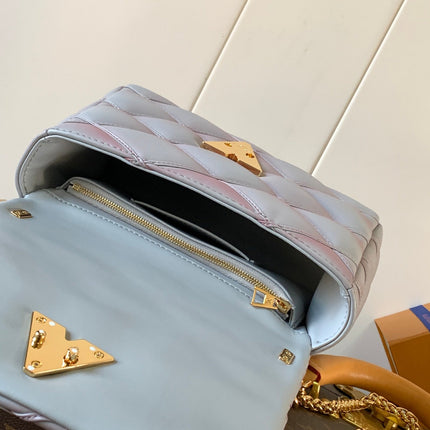 LV 25S GO-14 MM 23 IN LAVENDER GRAY QUILTED LAMBSKIN GOLD HARDWARE