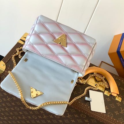 LV 25S GO-14 MM 23 IN LAVENDER GRAY QUILTED LAMBSKIN GOLD HARDWARE