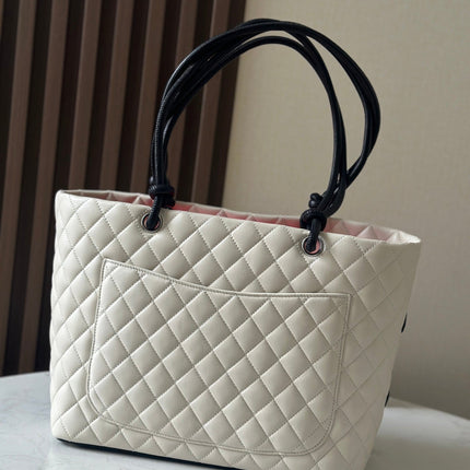 CHANEL 25S CAMBON LIGNE TOTE BAG 30 IN WHITE MIX BLACK CALFSKIN