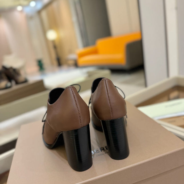 BURBERRY 26S LACE-UP HIGH HEELS 95 MM IN DARK BROWN CALFSKIN