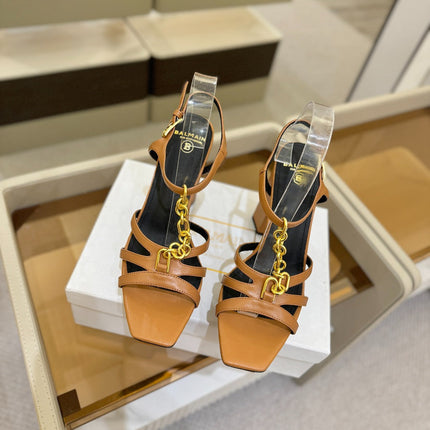 BALMAIN 26S HEELED SANDALS 105 MM IN BROWN LAMBSKIN