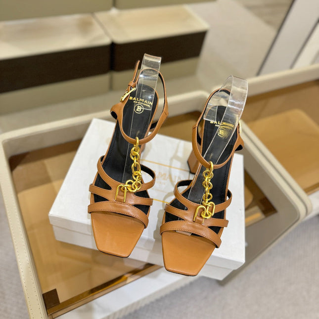 BALMAIN 26S HEELED SANDALS 105 MM IN BROWN LAMBSKIN