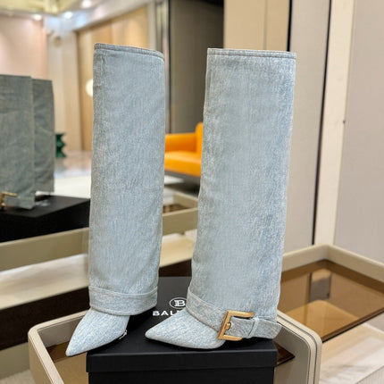 BALMAIN 26S KNEE-HIGH BOOTS 100 MM IN LIGHT BLUE DENIM