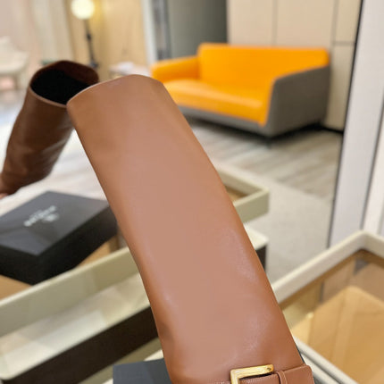 BALMAIN 26S KNEE-HIGH BOOTS 100 MM IN BROWN CALFSKIN