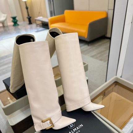 BALMAIN 26S KNEE-HIGH BOOTS 100 MM IN LIGHT BEIGE CALFSKIN