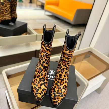 BALMAIN 26S COWBOY ANKLE BOOTS 65 MM IN LEOPARD PRINT PONY HAIR