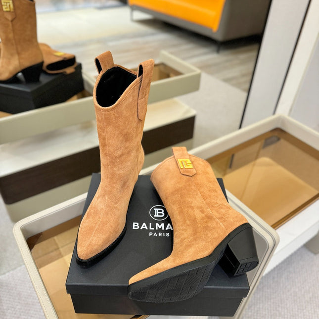 BALMAIN 26S COWBOY ANKLE BOOTS 65 MM IN BROWN SUEDE
