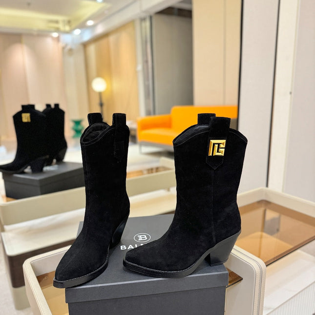 BALMAIN 26S COWBOY ANKLE BOOTS 65 MM IN BLACK SUEDE