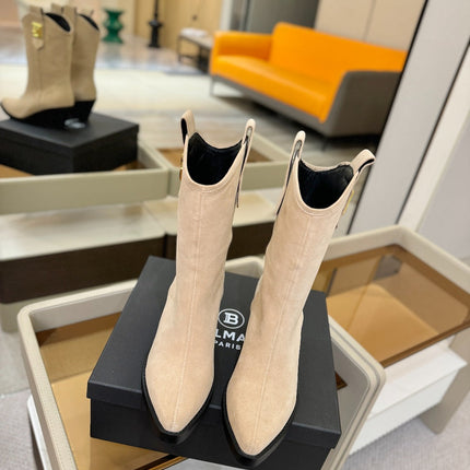 BALMAIN 26S COWBOY ANKLE BOOTS 65 MM IN BEIGE SUEDE