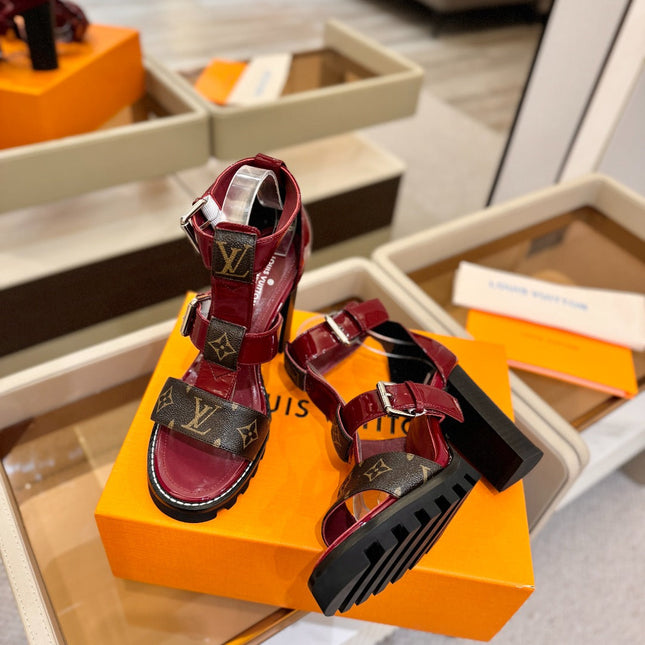 LV 26S STAR TRAIL HEELS 100 MM IN DARK RED AND BROWN CALFSKIN