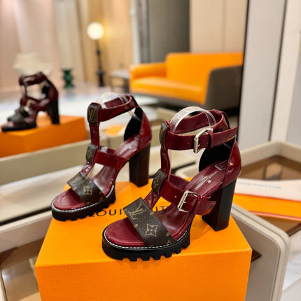 LV 26S STAR TRAIL HEELS 100 MM IN DARK RED AND BROWN CALFSKIN