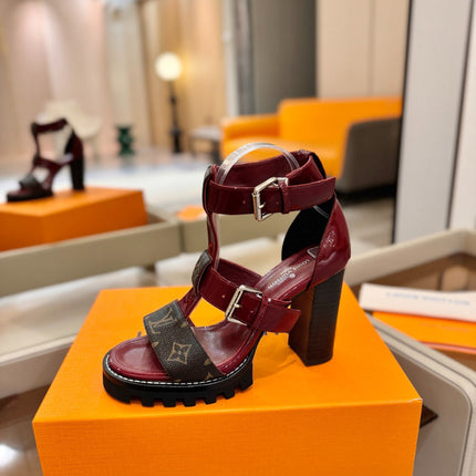 LV 26S STAR TRAIL HEELS 100 MM IN DARK RED AND BROWN CALFSKIN