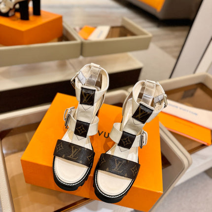 LV 26S STAR TRAIL HEELS 100 MM IN CREAM WHITE AND BROWN CALFSKIN