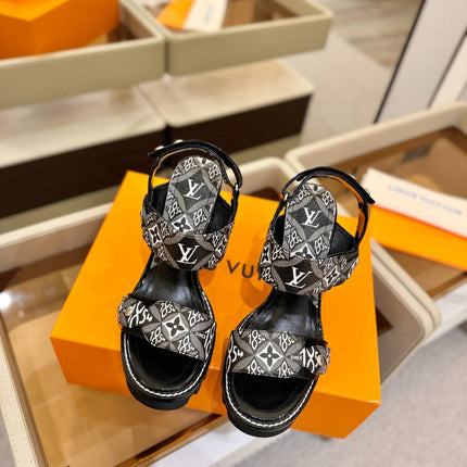 LV 26S HIGH HEEL SANDALS 100 MM IN WHITE MIX BLACK CALFSKIN WITH FLORAL PATTERNS