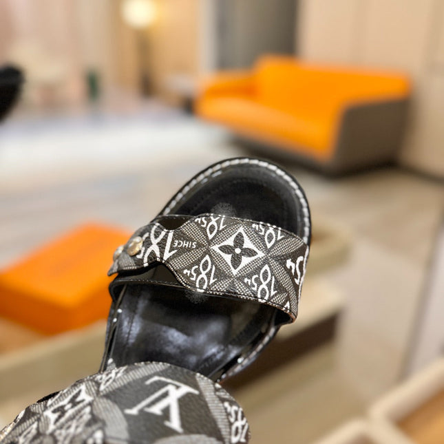 LV 26S HIGH HEEL SANDALS 100 MM IN WHITE MIX BLACK CALFSKIN WITH FLORAL PATTERNS