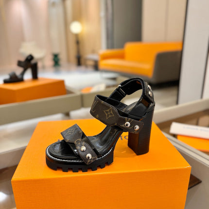 LV 26S HIGH HEEL SANDALS 100 MM IN DARK BROWN AND BLACK CALFSKIN